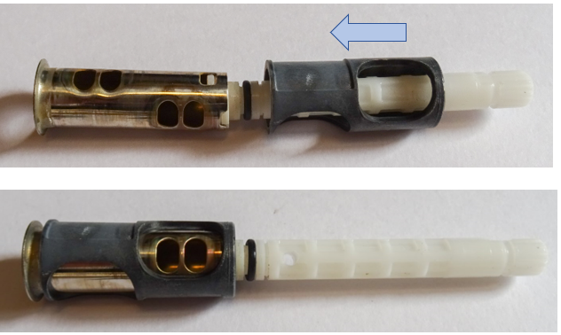 TOTO製蛇口（サーモユニット混合栓）開閉バルブTH577型の分解修理方法　軸に部品を入れる